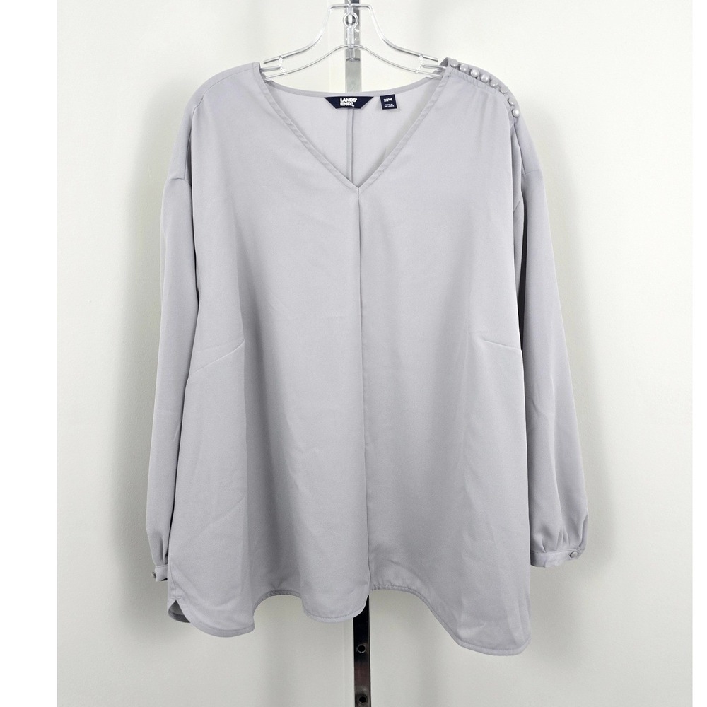 Lands' End V-Neck Long Sleeve Gray Shoulder Button Top 22W‎